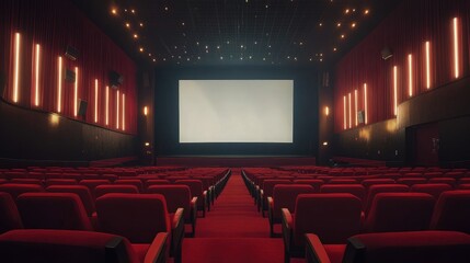Fototapeta premium A quiet movie theater with red seats and a large screen, evoking a sense of anticipation for the upcoming film.