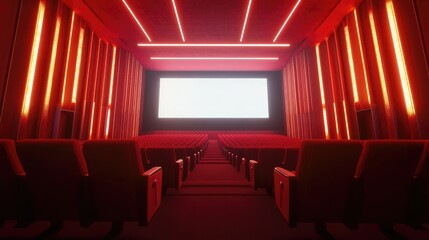 A quiet movie theater with red seats and a large screen, evoking a sense of anticipation for the upcoming film.