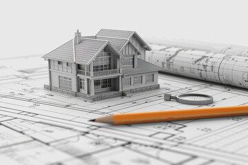 Architectural blueprint with a model house and pencil on it on a white background.