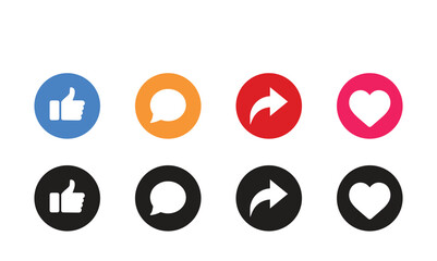 Like, comment, share icon buttons and Thumbs up and love heart flat icon set , color and black vector