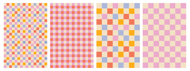 Retro checkered colorful set background. Abstract vector patterns. Retro checkerboard poster in style 60s, 70s. Pink and blue colors