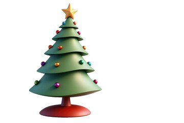 Holiday cartoon Christmas tree, charmingly simplified for a child-friendly appeal, steals the limelight in 3D quality, masterfully rendered against a stark white, devoid of distraction