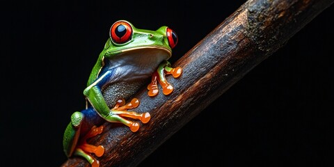 A vibrant red-eyed tree frog perches on the edge of a dark wooden log against a black background, highlighting nature&rsquo;s beauty and contrast.
