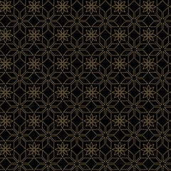 Abstract geometric pattern with crosses, stripes, lines. Seamless vector background. Black and gold ornament. Modern reticulated graphic design.