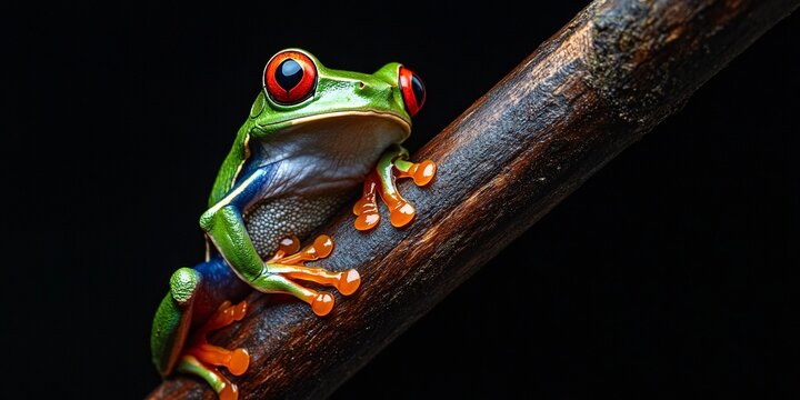 A vibrant red-eyed tree frog perches on the edge of a dark wooden log against a black background, highlighting nature&rsquo;s beauty and contrast.
