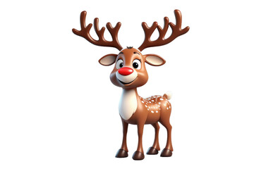 Reindeer cartoon styled character, 3D, high quality model, centered on stark white background, gentle shadow casting, soft edges, simplistic yet child-friendly, vibrant colors