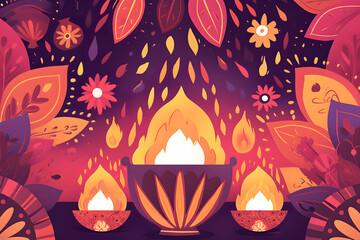 Happy Diwali greeting card. Flat colorful tracery composition with burning diya on purple background. Traditional Deepavali oil lamps simple art. Pongal Ugadi Gudi Padwa. Hindu holidays decor.