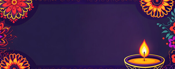 Frame with burning lit diya oil lamp on purple background. Diwali, Deepavali greeting template with copy space. Hindu festival of lights. Pongal, Ugadi, Gudi Padwa. Traditional Indian holidays decor.