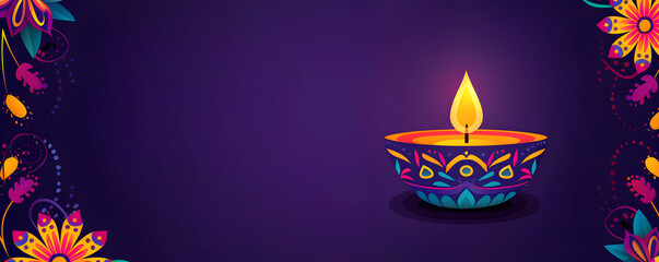 Frame with burning lit diya oil lamp on purple background. Diwali, Deepavali greeting template with copy space. Hindu festival of lights. Pongal, Ugadi, Gudi Padwa. Traditional Indian holidays decor.