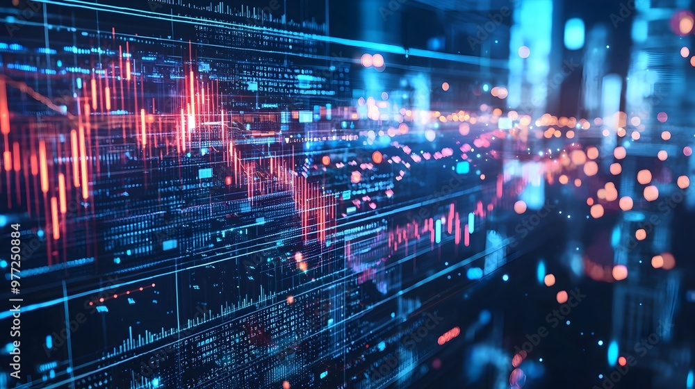 Poster quantum financial market simulation with futuristic data visualization