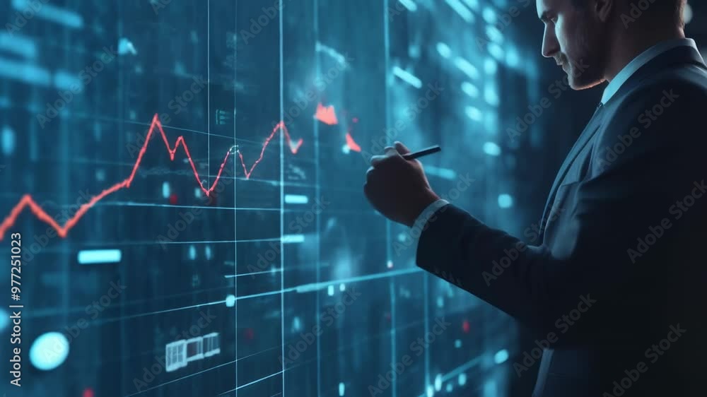 Poster businessman drawing financial trends on a digital interface with red graph lines in a dark office. b