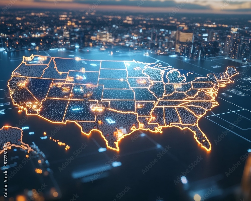 Wall mural digital representation of american states lighting up as election results come in