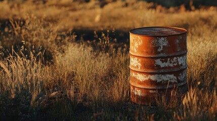 Obraz premium A beautifully lit, ultra-realistic image of a weathered, rusted 55-gallon oil drum in a rugged outdoor environment