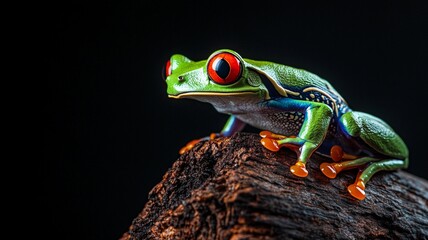 Naklejka premium A vibrant red-eyed tree frog perches on the edge of a dark wooden log against a black background, highlighting nature’s beauty and contrast. 