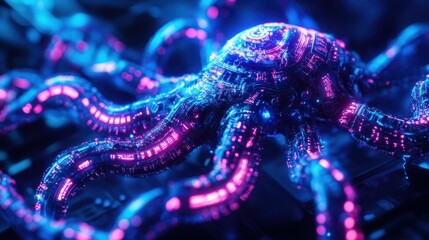 Fototapeta premium Close-up of an extraterrestrial creature with intricate exoskeleton, glowing circuits weaving patterns, holographic projections, in cyberpunk neon style.