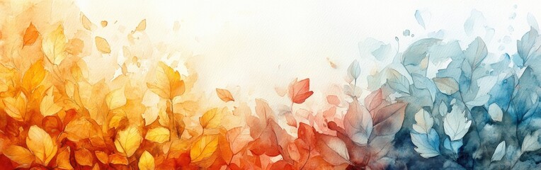 Vibrant Autumn Leaves in Orange and Blue Tones Watercolor Background