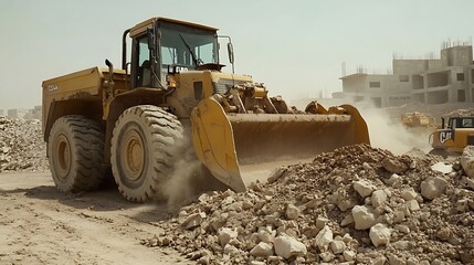 A bulldozer digging and lifting rubble at a construction site: Heavy machinery in Saudi Arabia&rsquo;s engineering and infrastructure development