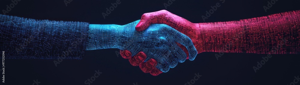 Poster a futuristic handshake symbolizing unity and collaboration between diverse entities with vibrant neo