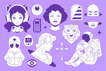 Y2k psychedelic retro tattoo funky groovy line sticker set vector flat illustration. Surreal minimal contemporary pop art element woman tiger alien sculpture monument astronaut stair t shirt print