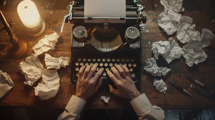 A writer typing on an old-fashioned typewriter, with crumpled paper surrounding them, illustrating the creative process of drafting a manuscript.