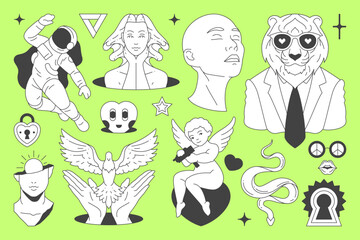 Y2k contemporary pop art retro groovy concept minimal black line icon set vector flat illustration. Comic future science fiction astronaut Cupid angel beauty woman dove psychedelic sculpture
