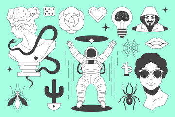Y2k psychedelic retro groovy black line icon futuristic contemporary pop art concept set vector flat illustration. Minimal Greek sculpture monument astronaut rose light bulb spider comic sketch