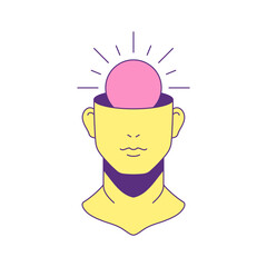 Y2k psychedelic man head with bright sun contemporary pop art icon vector flat illustration. Comic male portrait sculpture sunny mind awareness mindfulness psychology summer groovy t shirt print