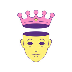 Y2k psychedelic human head with crown contemporary pop art icon vector flat illustration. Surreal man portrait sculpture with royal kind diadem summer groovy comic t shirt print funky sticker