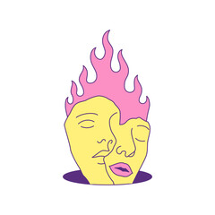 Y2k psychedelic love heart couple face with burn flame in hole icon vector flat illustration. Romantic relationship man and woman contemporary pop art portrait summer groovy comic t shirt print