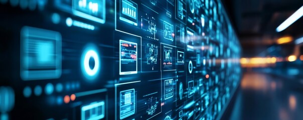 Obraz premium AI smart building management, digital controls, floating holographic screens