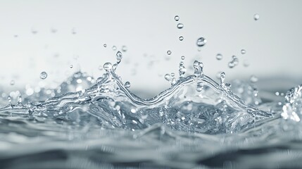 Water splash with shimmering effects and delicate droplets on a light gray background creating a clean and modern visual appeal with a touch of elegance