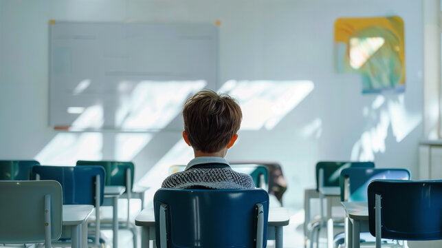 A young boy sits in an empty classroom with sunlight streaming through the windows. The back of the child is facing the viewer. Kids go back to school. Children study and learn for preschool.