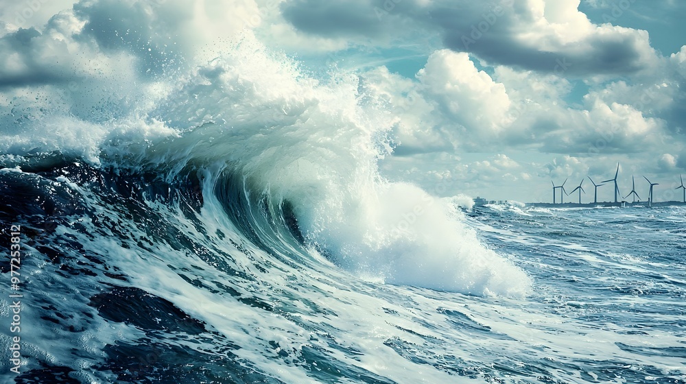 Poster powerful wave crashing over wave power generators harnessing the dynamic energy of nature