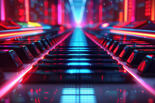 Magical Synthwave Piano With Neon Lights At Night