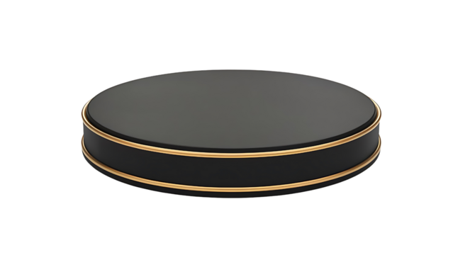 Empty Black round podium with golden outline isolated on transparent background, showcase stage for product advertisement