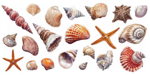 A collection of seashells and starfish in watercolor style on a white background, neatly arranged on the right side of the page. The seashells come in various shapes, such as clams, conchs, oysters, 