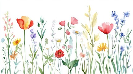 Fototapeta premium Watercolor Wildflowers Floral Border Design
