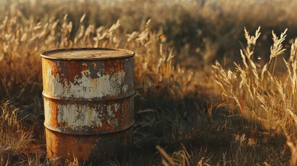 Obraz premium A beautifully lit, ultra-realistic image of a weathered, rusted 55-gallon oil drum in a rugged outdoor environment