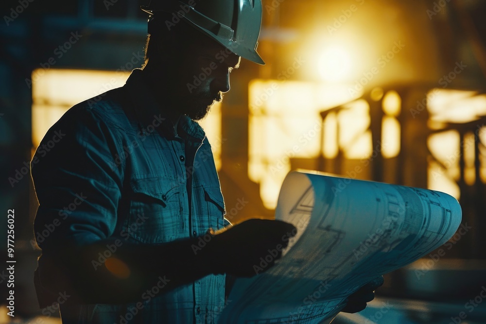 Poster a construction worker reading and analyzing blueprints on site