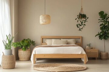 Contemporary Japanese style bedroom with oak bed, beige walls and a round wooden lamp on the wall. Beige rug placed under the contemporary Japanese style bed, a plant in a vase, a wooden bedside table