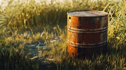 Obraz premium A beautifully lit, ultra-realistic image of a weathered, rusted 55-gallon oil drum in a rugged outdoor environment