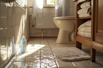 The bathroom is clean and modern with white tiles. There is a simple water stain on the floor near the sink, next to a storage cabinet with decorative items. This scene is lit by natural light 
