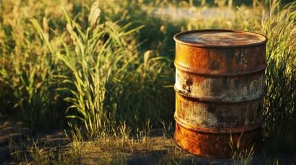 Fototapeta premium A beautifully lit, ultra-realistic image of a weathered, rusted 55-gallon oil drum in a rugged outdoor environment