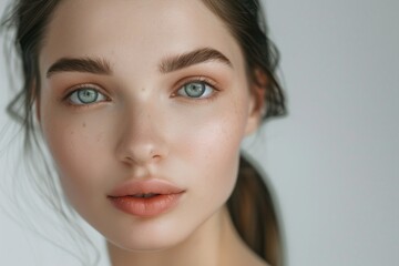 Fototapeta premium Close-up portrait of a woman's face featuring piercing blue eyes