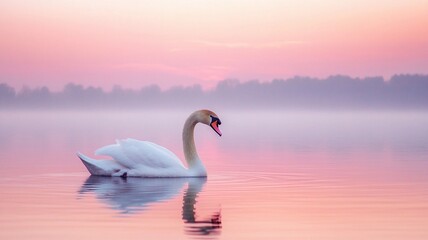 Fototapeta premium A serene photo of a swan gracefully swimming on a lake, its head and neck forming a perfect S-shape, symbolizing elegance. 