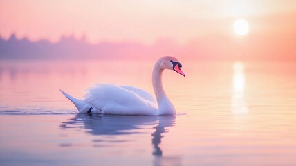 Fototapeta premium A serene photo of a swan gracefully swimming on a lake, its head and neck forming a perfect S-shape, symbolizing elegance. 