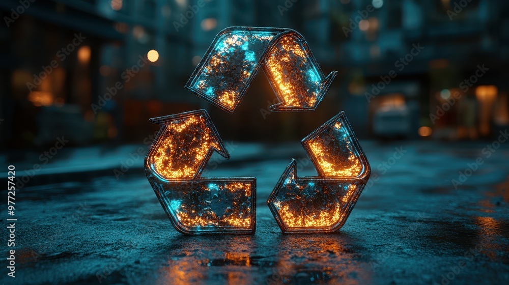 Poster a 3d recycle icon with a rotating effect on a neon green backdrop