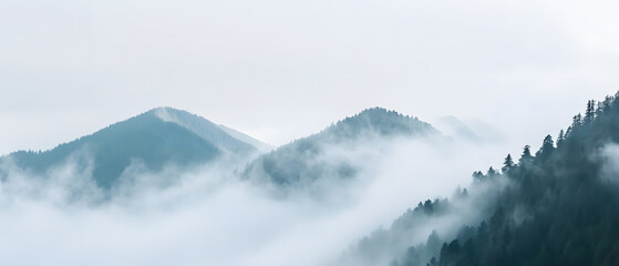 A misty mountain range with soft clouds hanging over the peaks, and a gentle morning light illuminating the landscape. The image features a serene natural setting with muted colors and subtle textures
