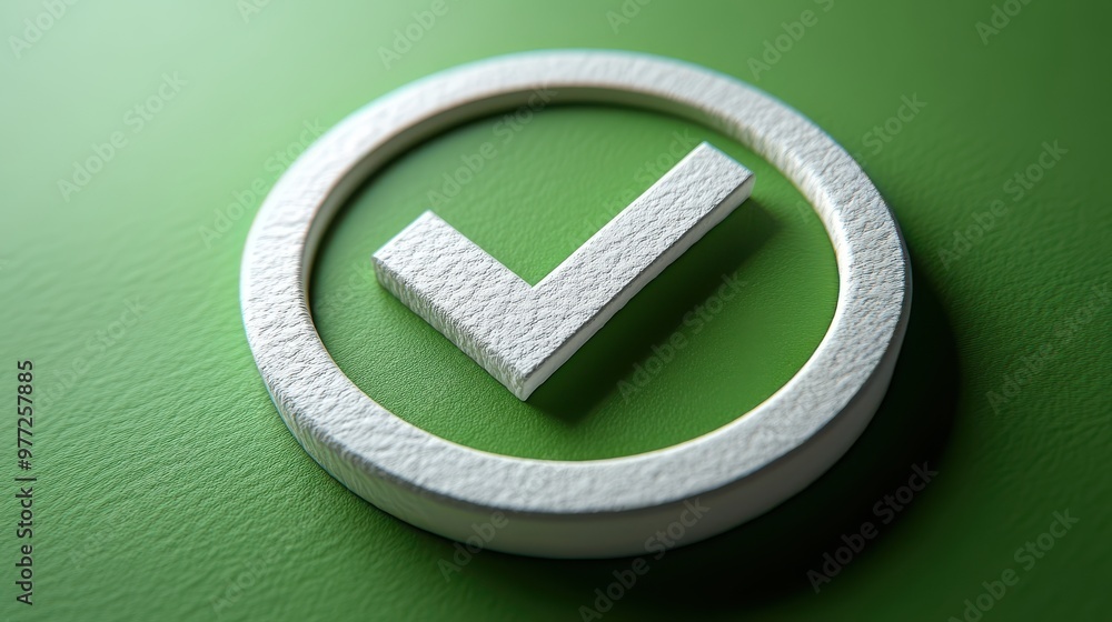 Poster a checkmark in a circle icon with a 3d effect, isolated on a bright green background
