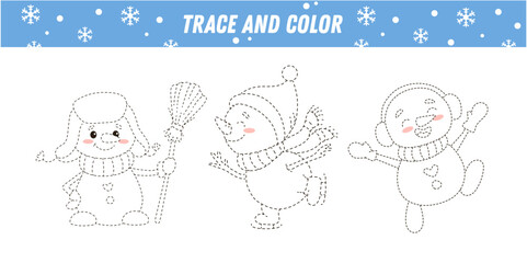 Trace line and color cute cartoon snowman. Handwriting practice. Educational worksheet for preschool kids. Activity page. Christmas coloring. Vector illustration